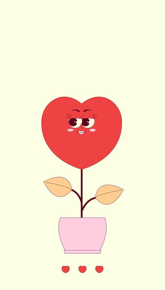 Vertical stories template with cute heart in pot character in retro groovy style. Social media post with psychedelic mascot. illustration with copy space vector