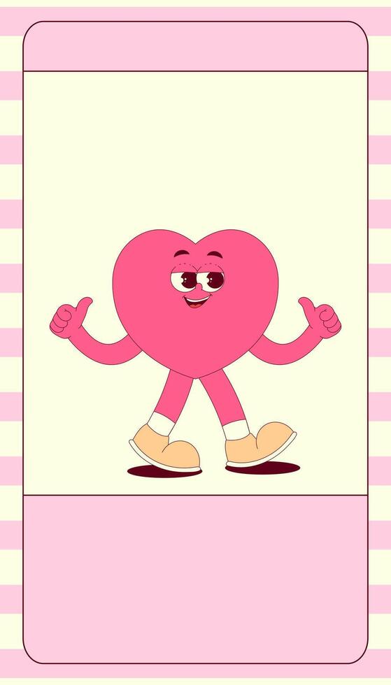 Vertical stories template with heart character in trendy retro groovy style. Social media post with psychedelic mascot. illustration with copy space vector