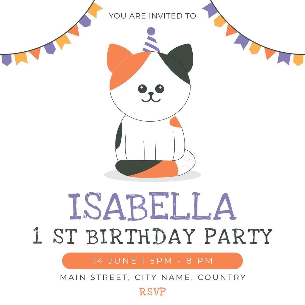 Greeting and invitation card for kids 1st Birthday party. Cute baby cat in flat childrens style. illustration, design for card, poster, event vector