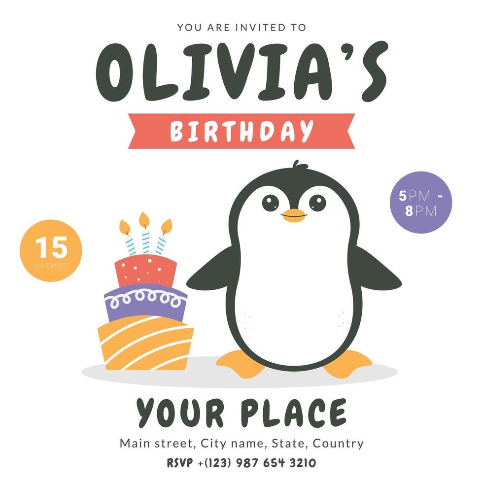 Greeting and invitation card for kids Birthday party. Cute baby animal penguin and cake in flat childrens style. illustration, design for card, poster, event, prints vector