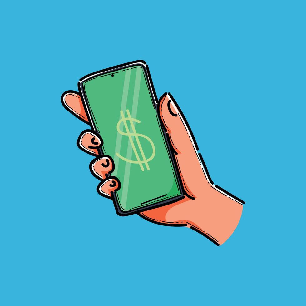 An illustration of a hand holding a smartphone displaying a dollar symbol on its screen, conveying concepts of online money, mobile apps, and finance. vector