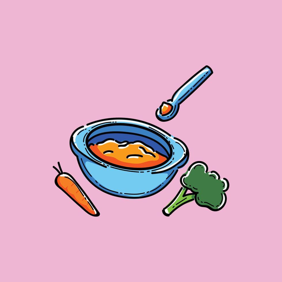 Hand drawn illustration of a bowl with baby food, a spoon, and vegetables on a pastel pink background. Great for parenting, baby nutrition, and diet related designs or educational materials. vector