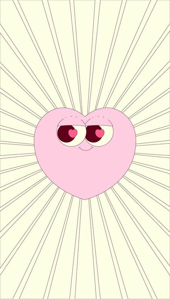 Vertical stories template with heart character in trendy retro groovy style. Social media post with psychedelic mascot. art with copy space vector