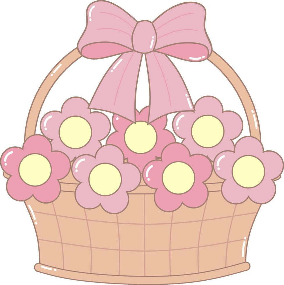 Pink Flower in Brown Basket With Ribbon. Simple Cute Style Illustration. vector