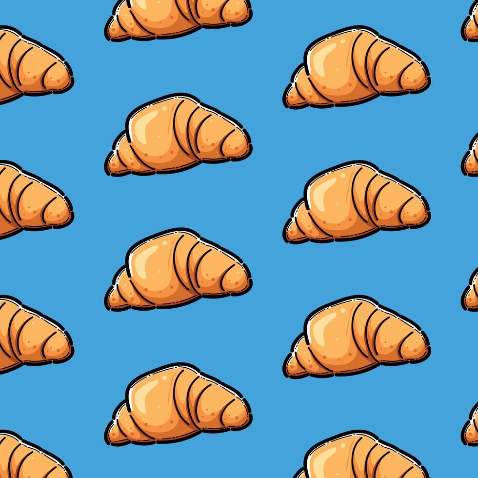 Pattern featuring cartoon croissants arranged evenly on a bright blue background, creating a cheerful design suitable for textiles, wallpapers, or food themed materials. vector