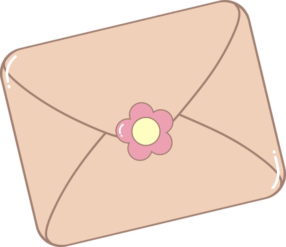 Pink Flower Stamp With Brown Envelope. Simple Cute Style Illustration. vector