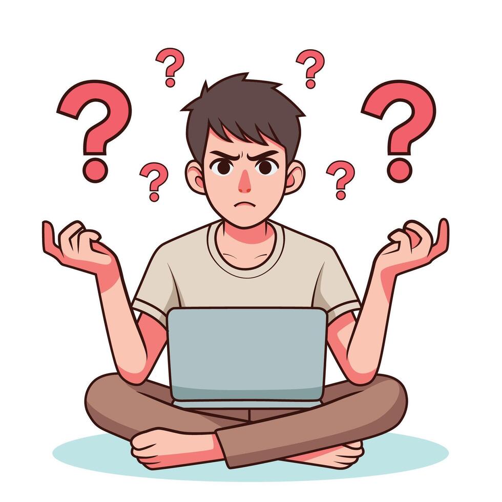 confused guy in front of laptop thinking about something cartoon illustration vector