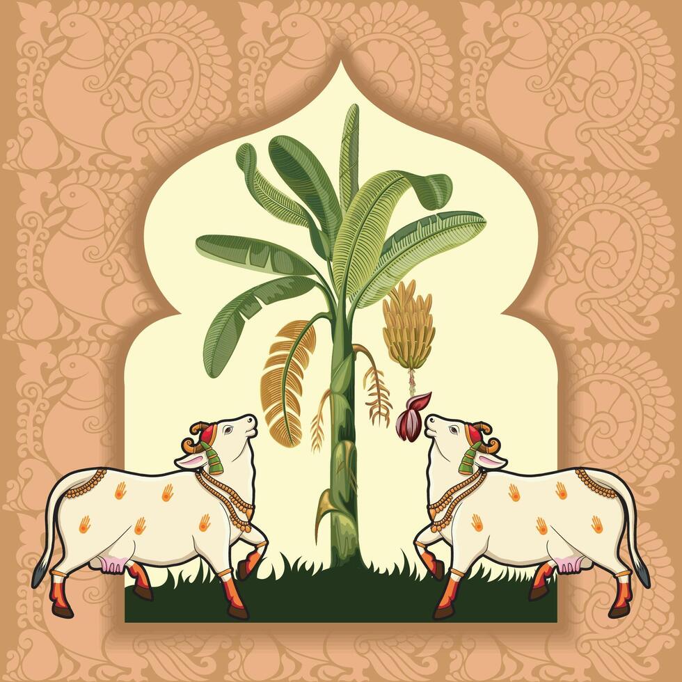 Indian Rajasthani Miniature art work Pichwai cow and banana tree vector