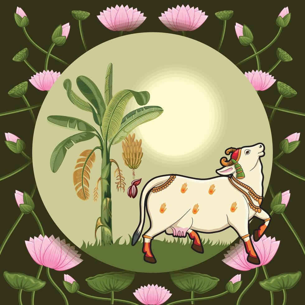 Indian Rajasthani Miniature art work Pichwai cow and tree vector