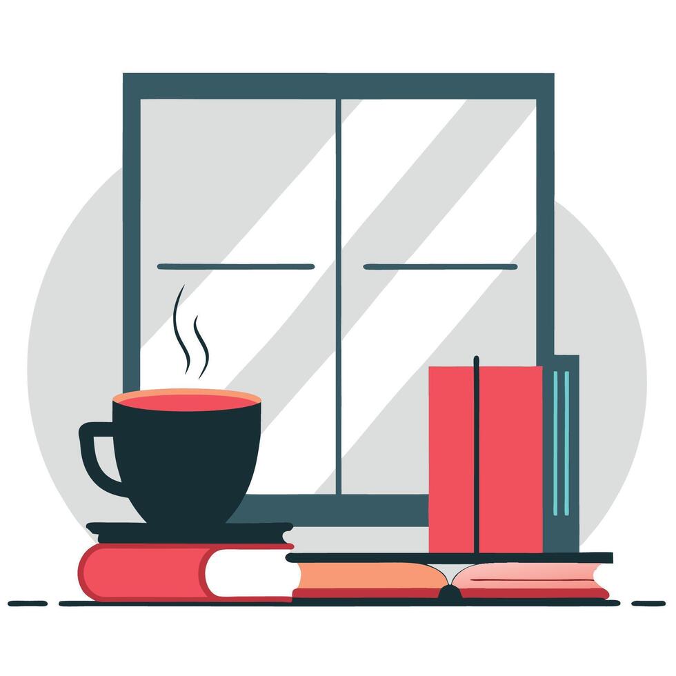Cozy Reading Nook with a Cup of Coffee and a Book on the Windowsill vector