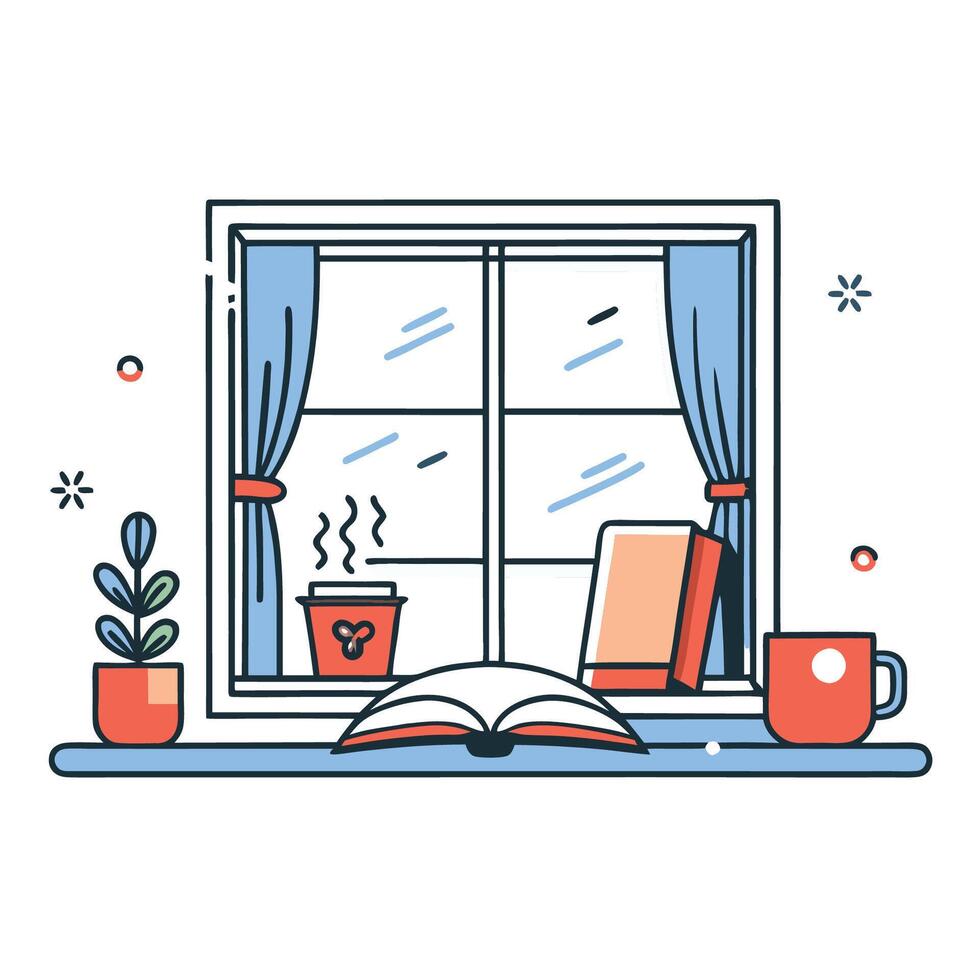 Cozy Window Nook with Book, Coffee, and Warm Ambiance vector