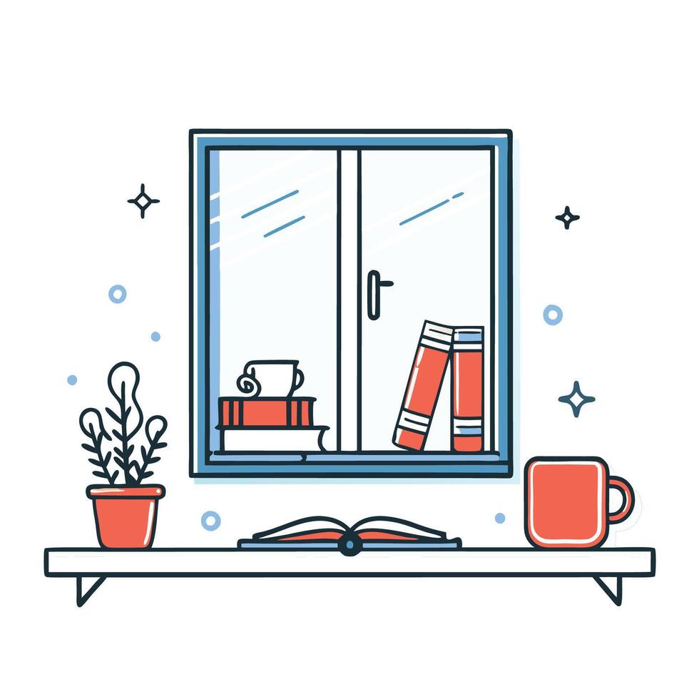 Cozy Window Nook with Book, Coffee, and Tranquil Atmosphere vector