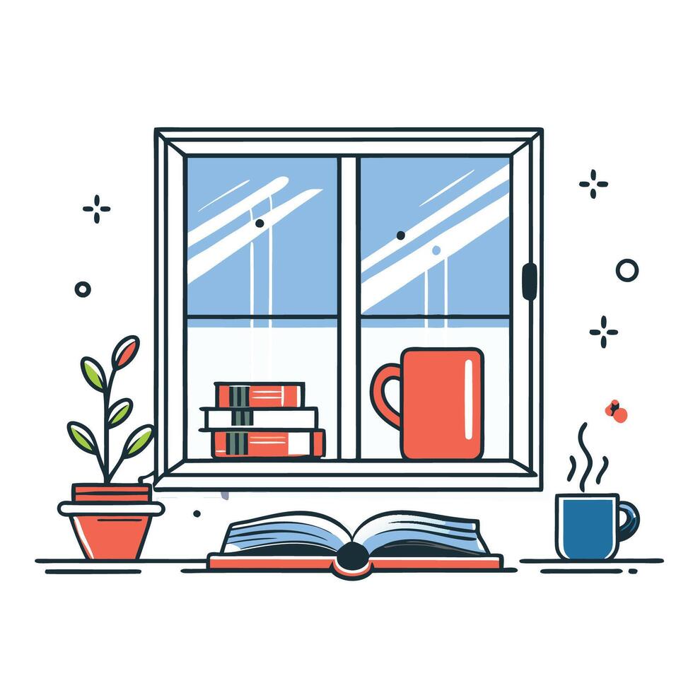 Cozy Window Nook with Book and Coffee, Perfect for Reading Moments vector