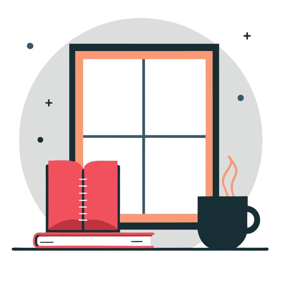 Cozy Ambiance Illustration of a Window with a Book, Coffee, and Peaceful Atmosphere vector