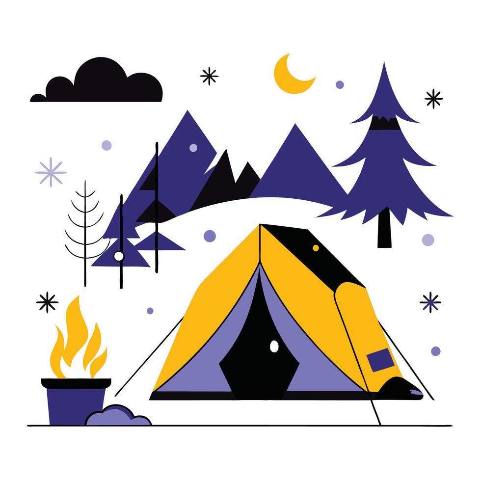 Enchanting Winter Camping Scene, A Serene Escape Amidst Snowy Wilderness vector