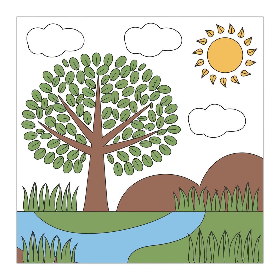 A tree and a river with clouds and sun vector