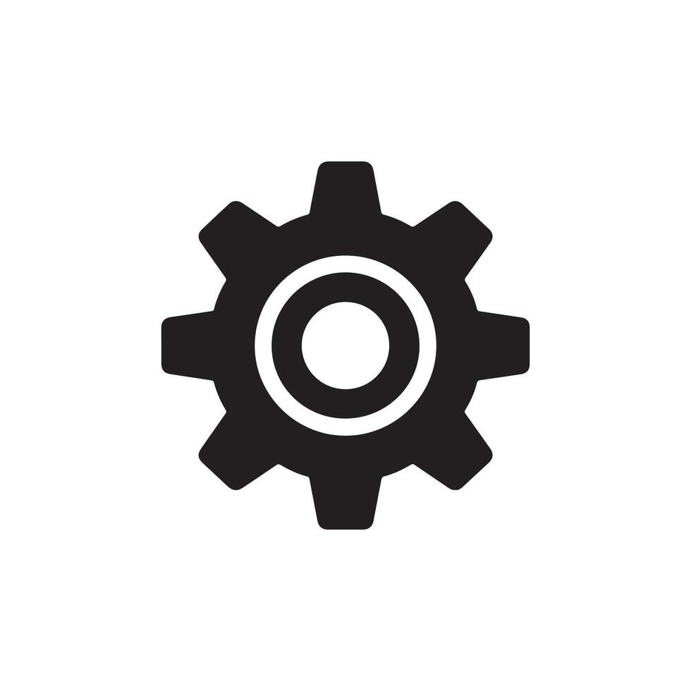A black and white icon of a gear wheel vector