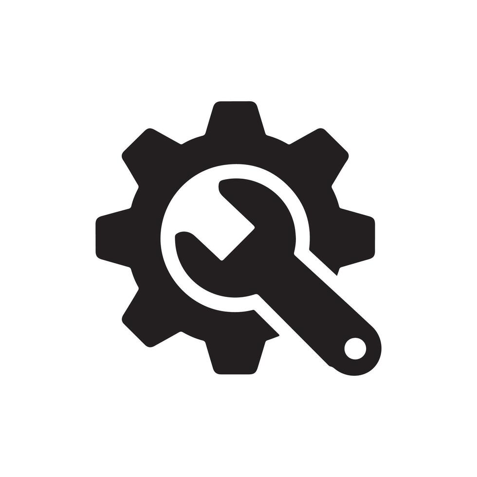 A black and white icon of a wrench and gearwheel vector