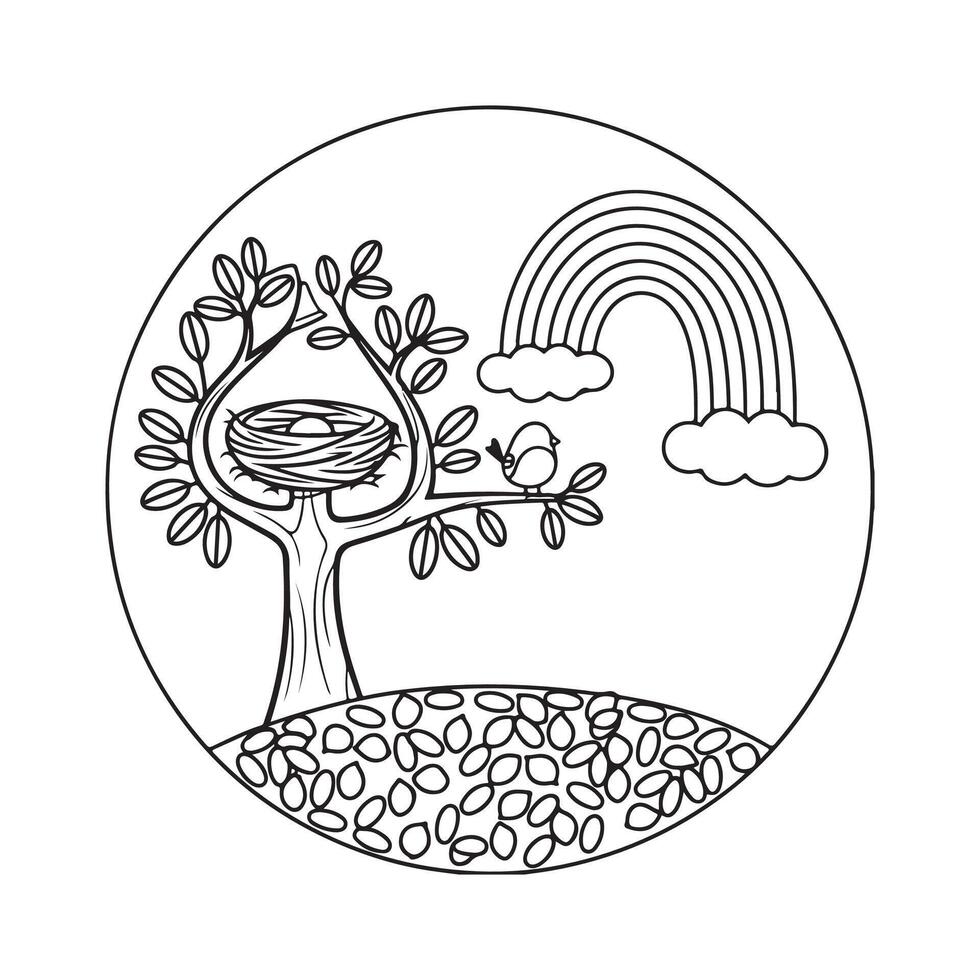 A coloring page with a tree and bird in the nest vector