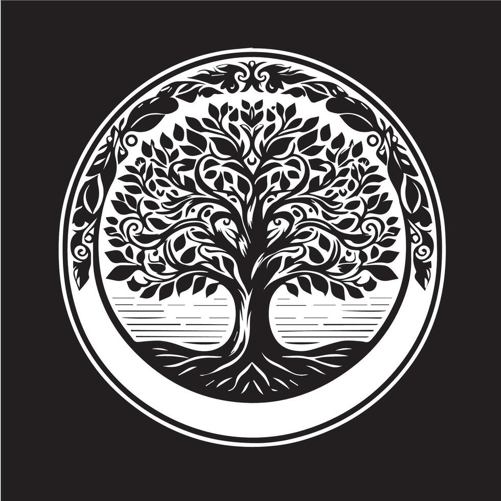 A black and white logo for a tree of life vector