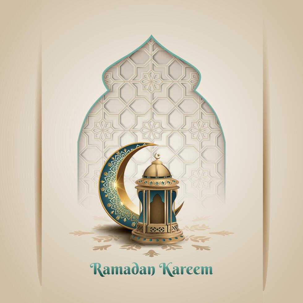 Islamic card decoration design with crescent moon and lantern ornaments vector