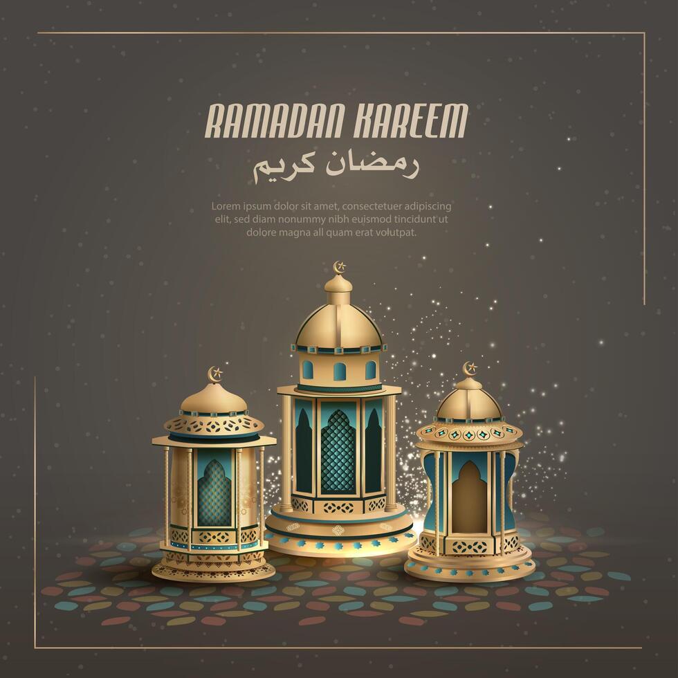 islamic ramadan card design with three golden lanterns vector