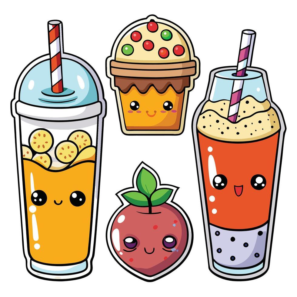 cute kawaii smoothie, fruit, juice, apple, cake, ice cream, vector