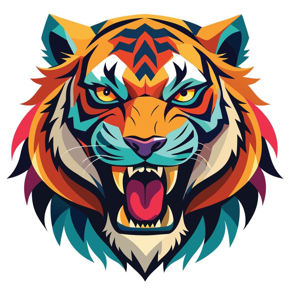 a colorful tiger head with its mouth open vector
