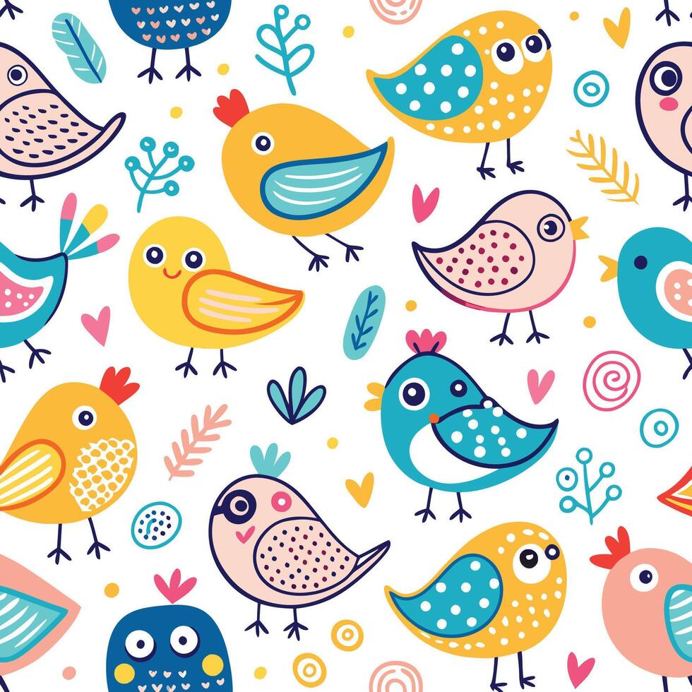 seamless pattern with colorful birds and flowers vector
