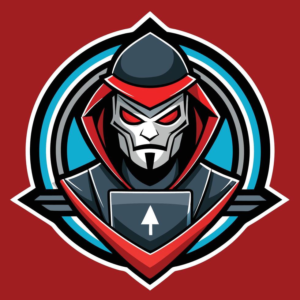 a red and black mask with a red arrow on it vector