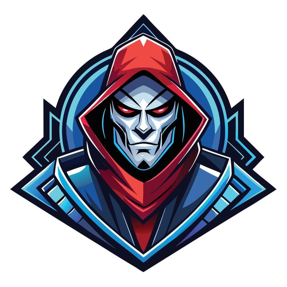 a red and blue skull with a hood on vector