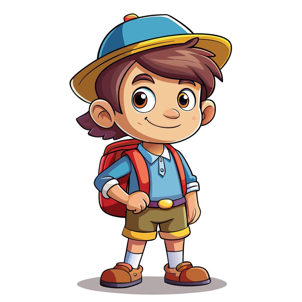 cartoon boy with backpack and hat vector