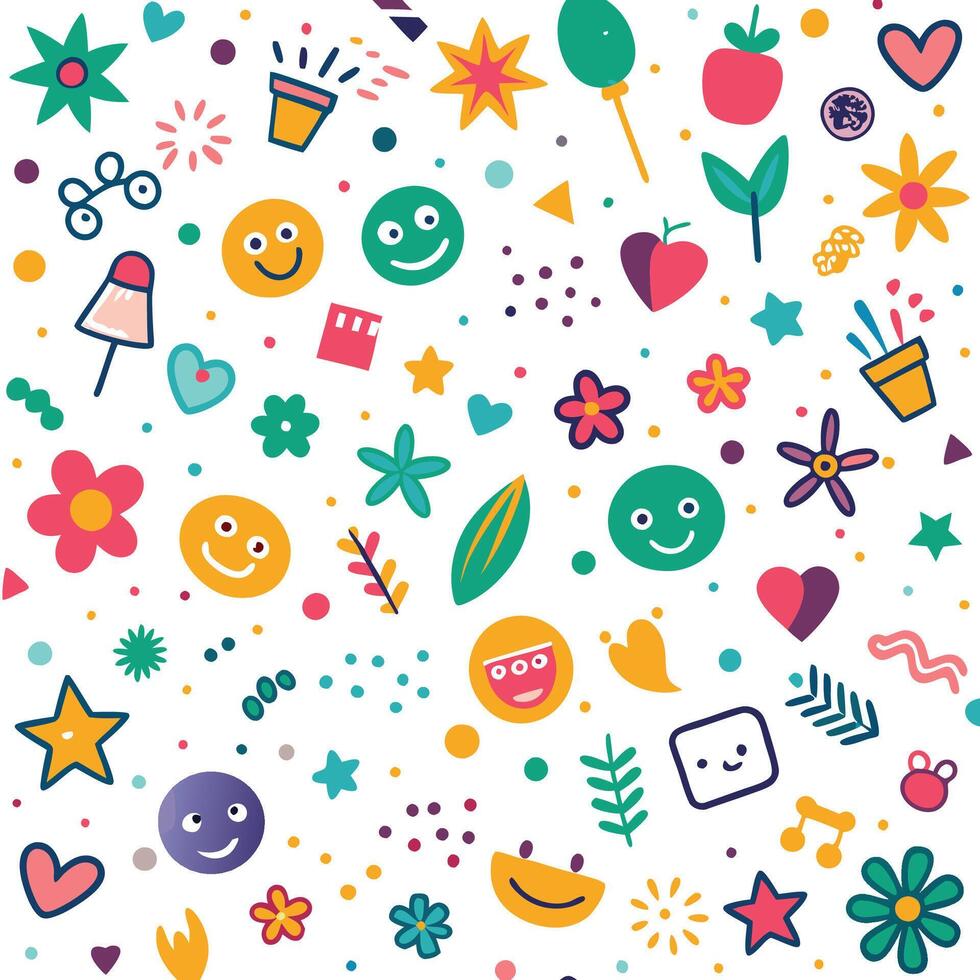 a colorful pattern with smiley faces and other objects vector