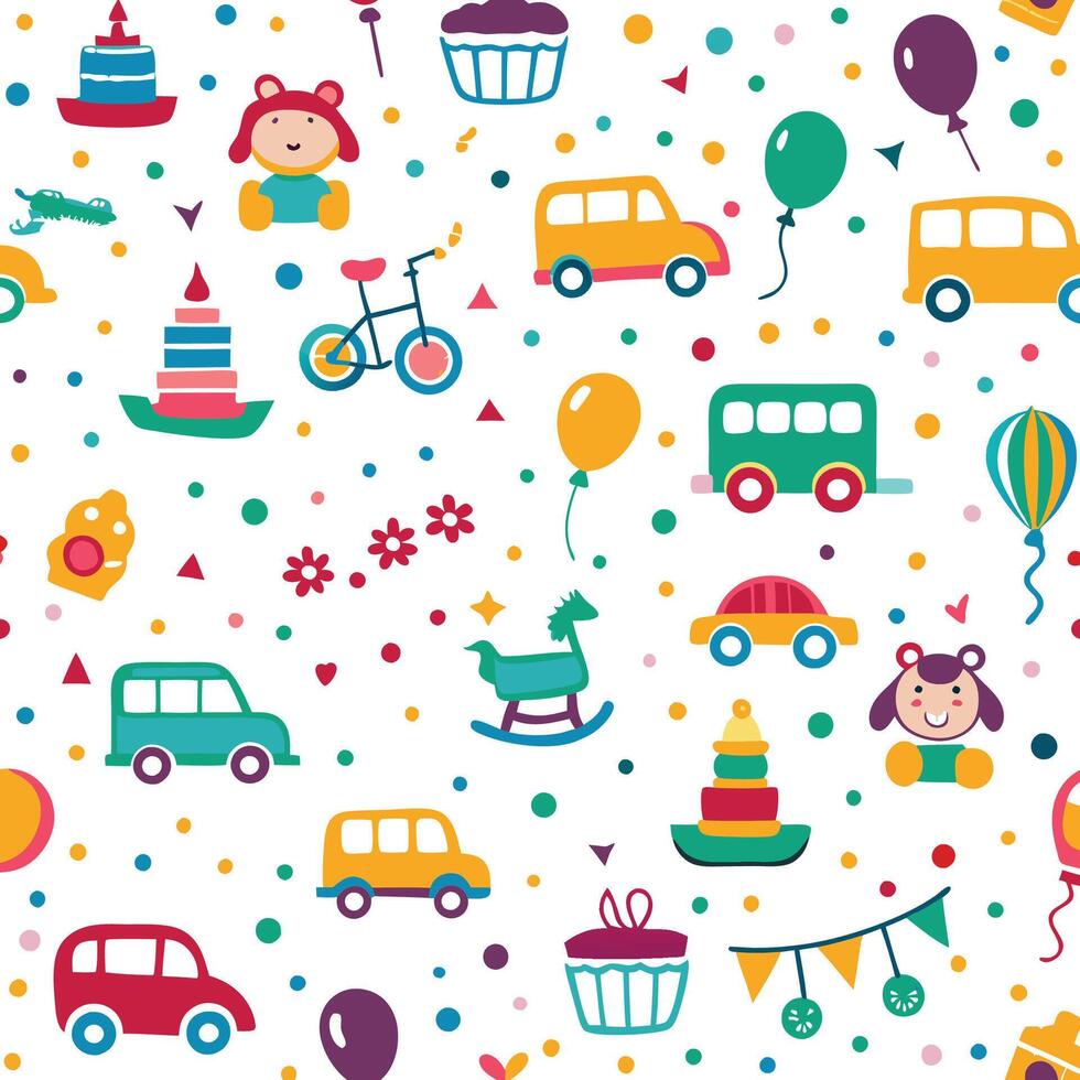 seamless pattern with colorful cars, balloons and other items vector