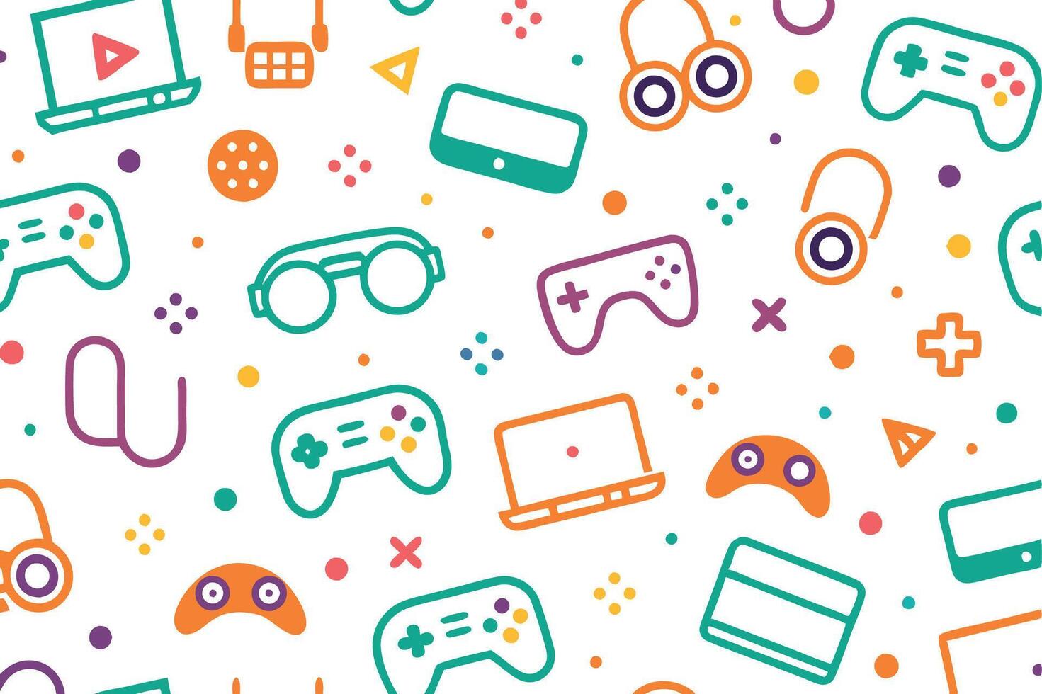 a colorful pattern with game controllers and other items vector