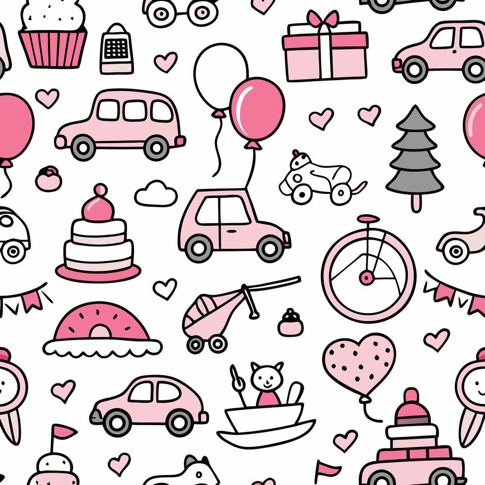 a pink seamless pattern with various items vector