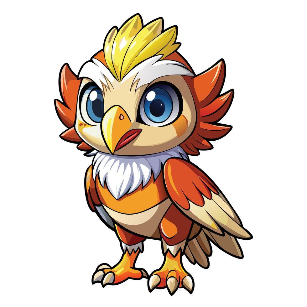 a cartoon bird with big eyes and a yellow and orange feather vector