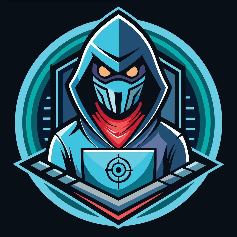 a cartoon ninja with a laptop on his head vector