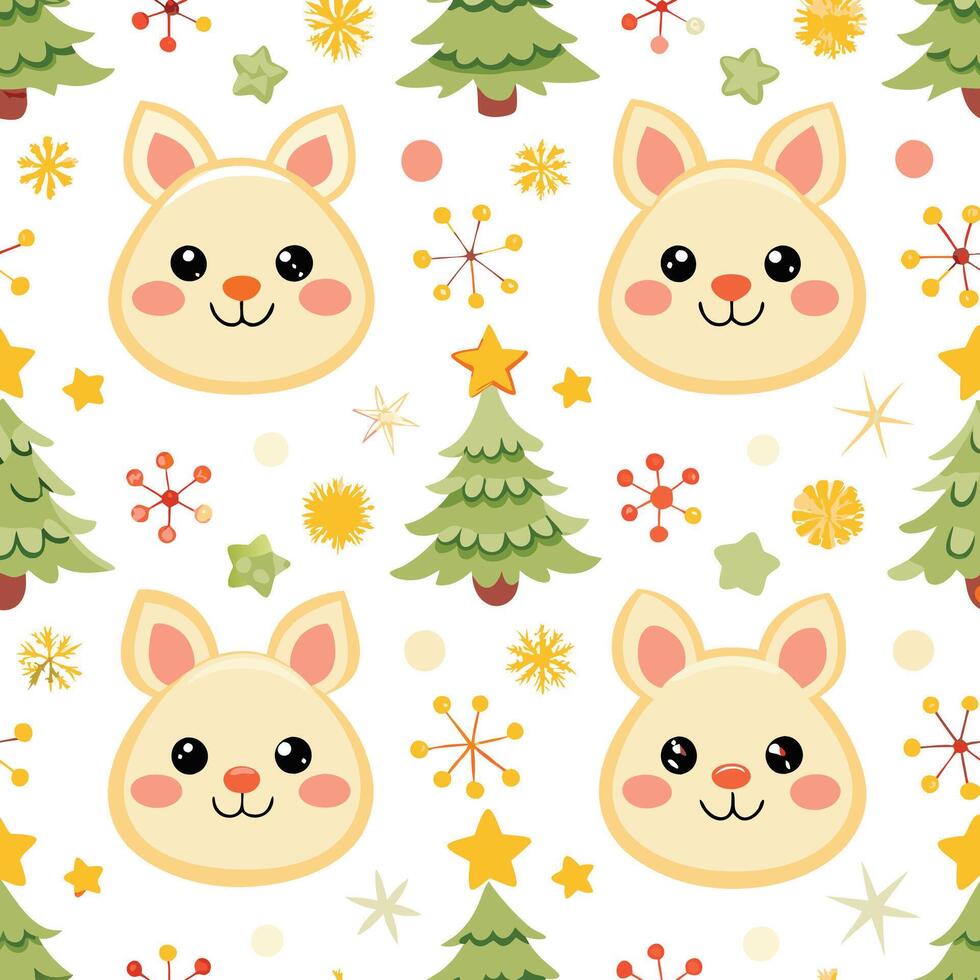 a pattern with cute rabbits and christmas trees vector