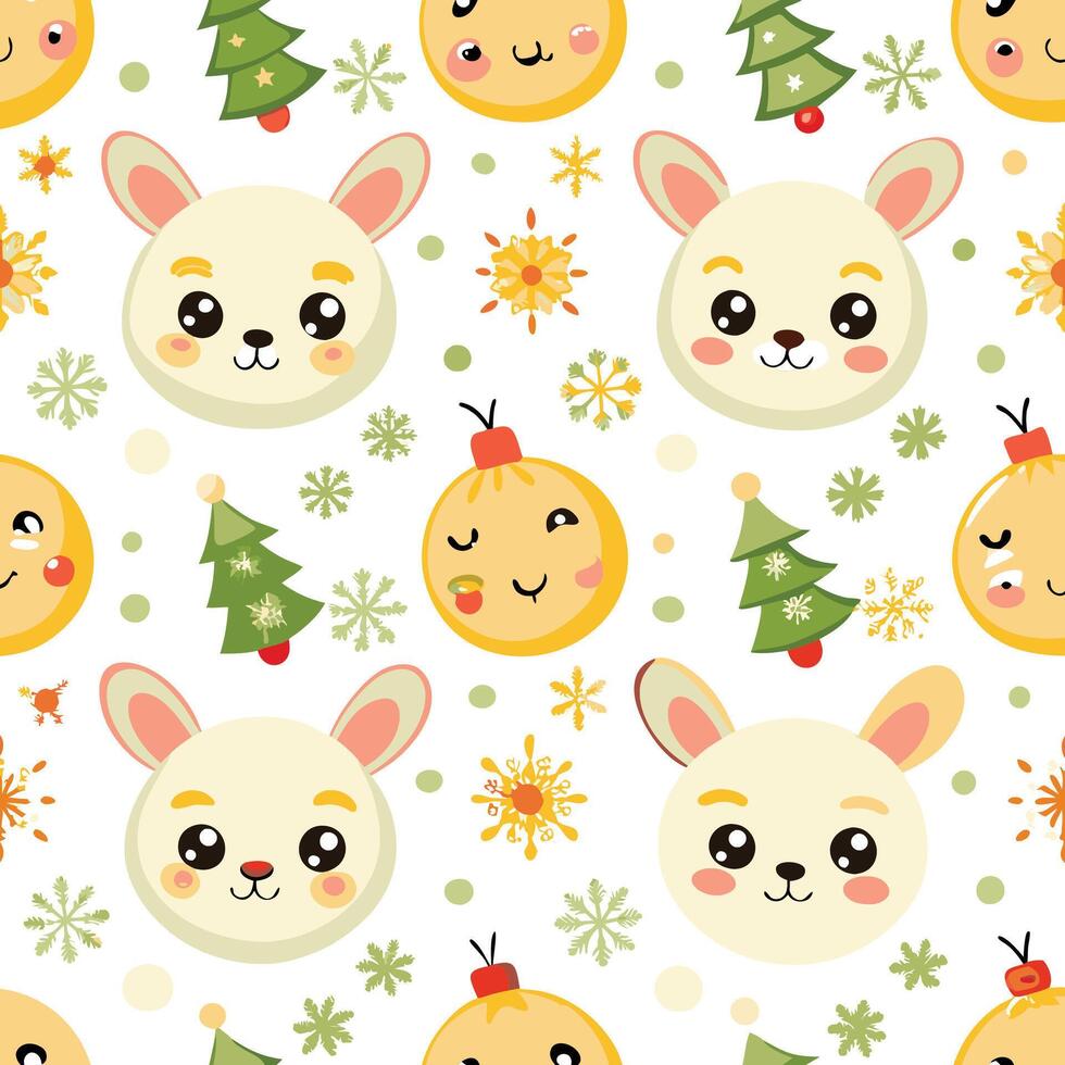 christmas seamless pattern with cute rabbits and christmas tree vector