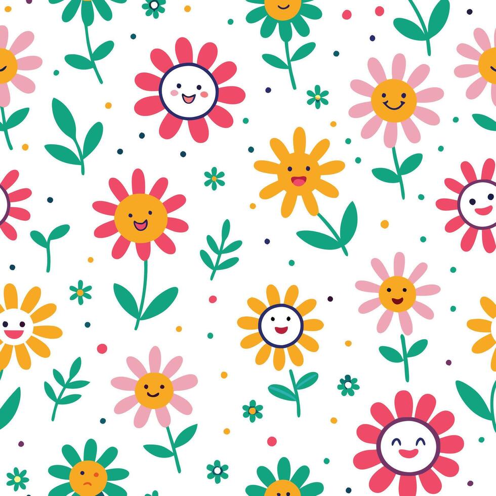 seamless pattern with flowers and smiling faces vector