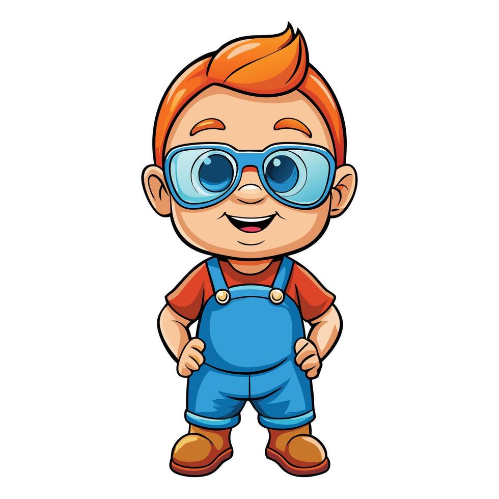 cartoon boy wearing glasses and overalls vector