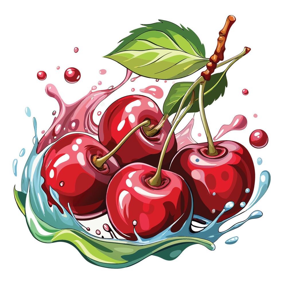 a group of cherries with water splashing on them vector