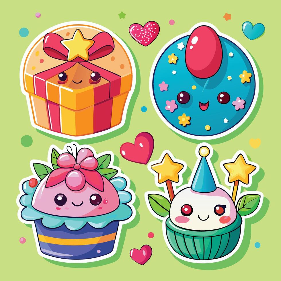 cute cupcakes with hearts and stars on a green background vector