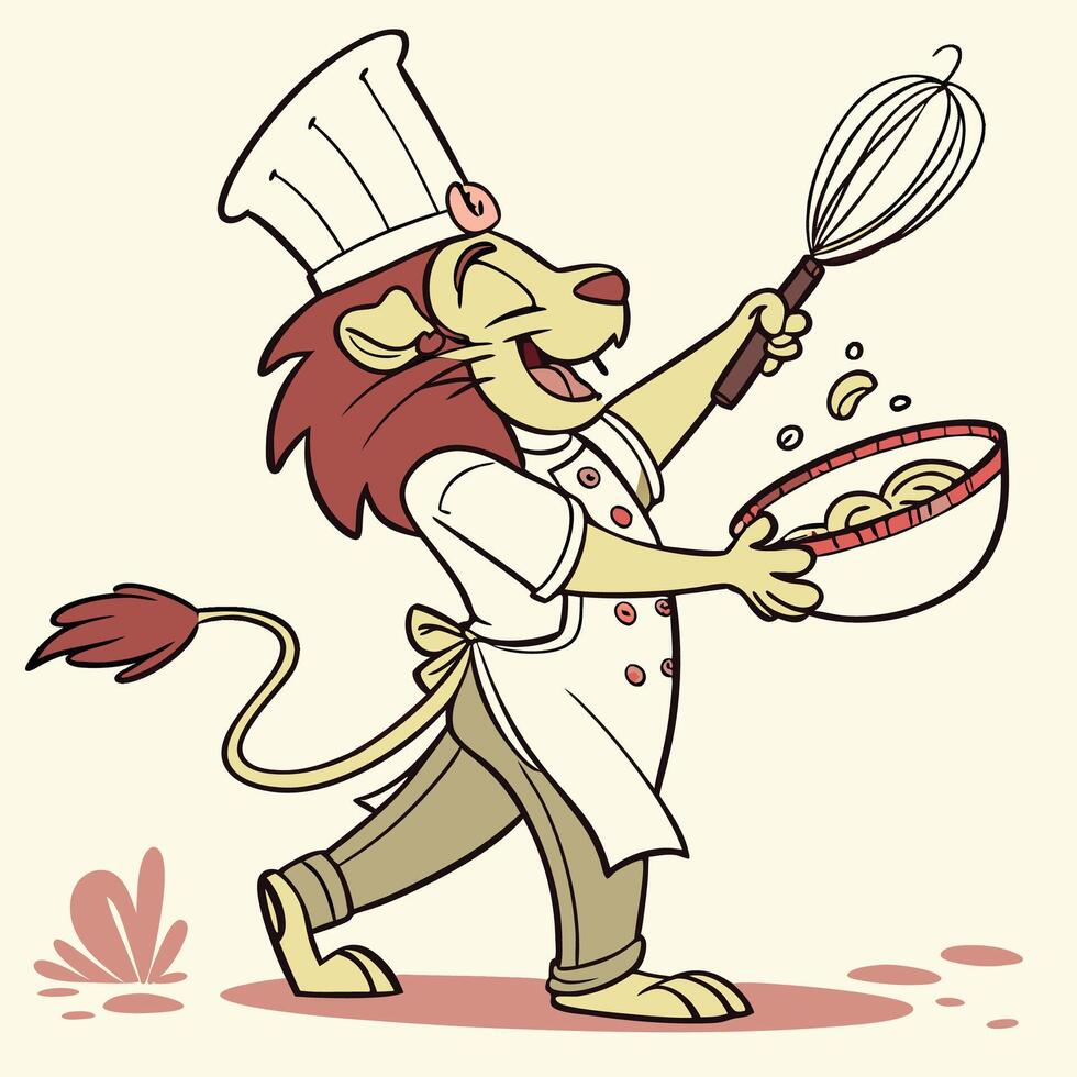 a cartoon lion in chef clothes holding a bowl of food vector