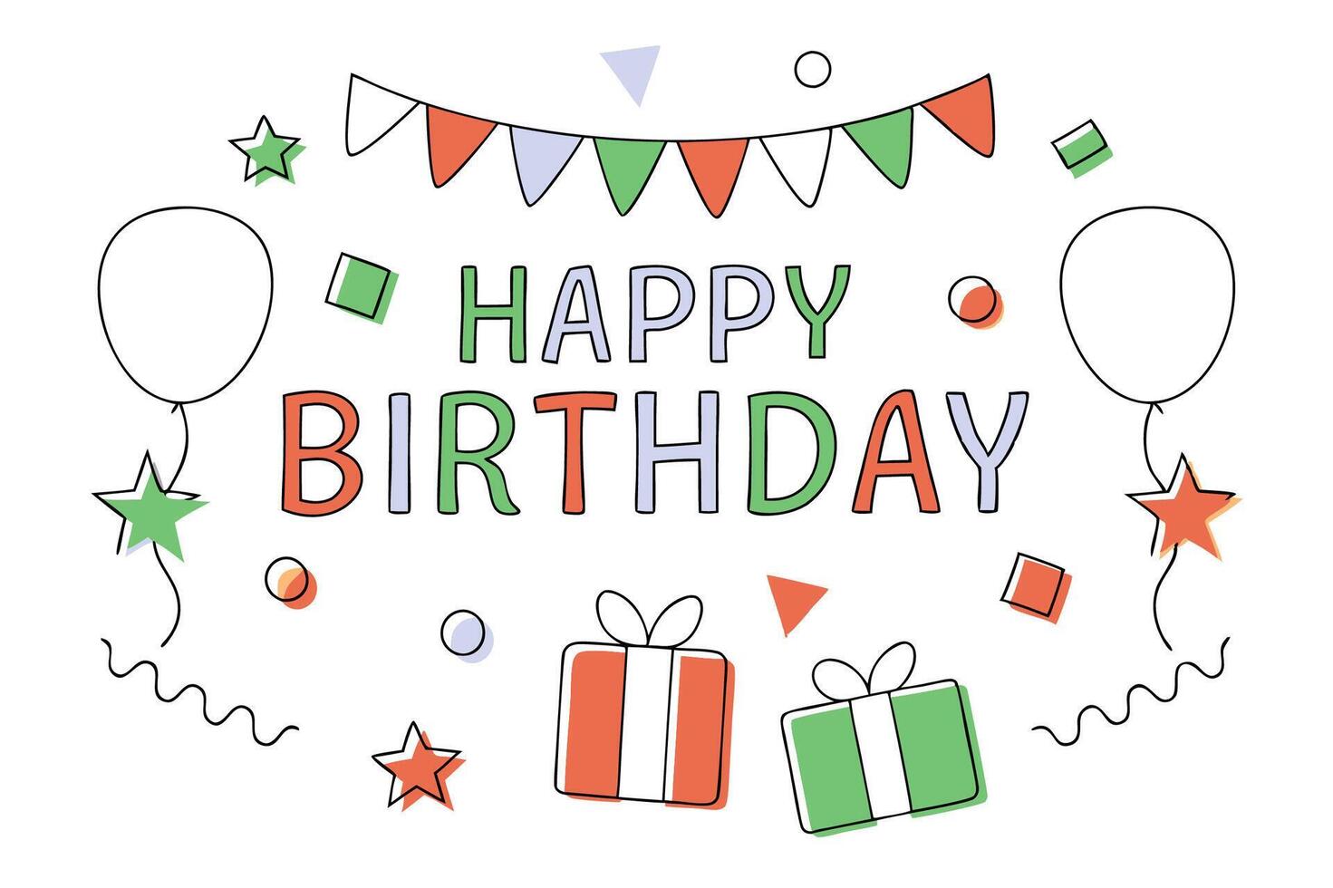 happy birthday card with balloons, gifts and bunting vector