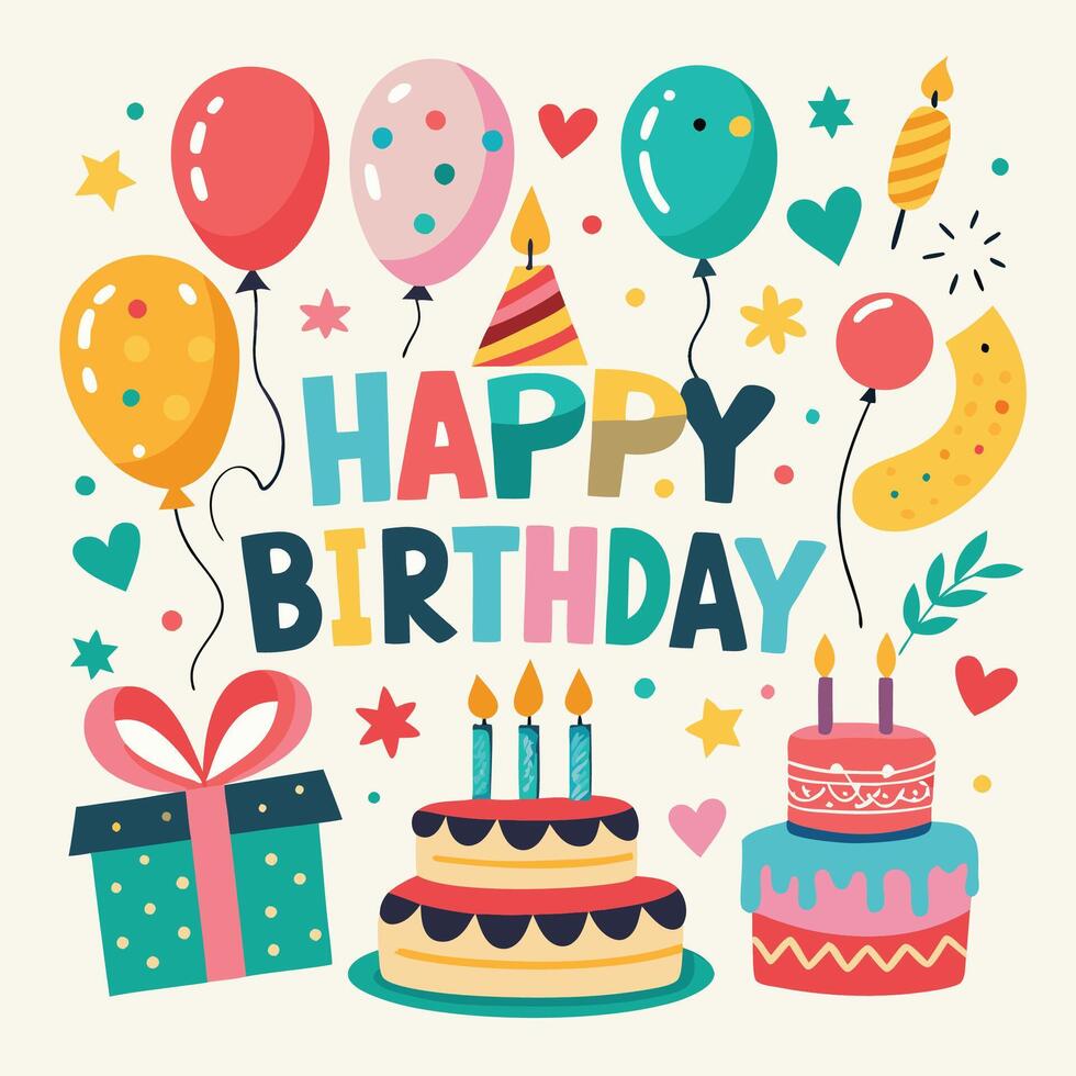 happy birthday card with balloons and cake vector