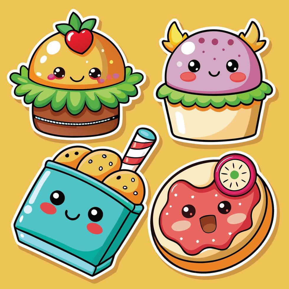 cute hamburger, pizza, and ice cream stickers vector