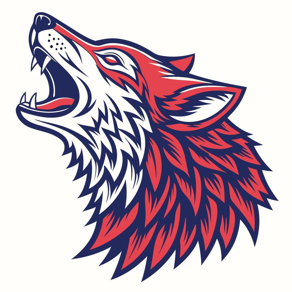 the head of a wolf is shown in red, white and blue vector