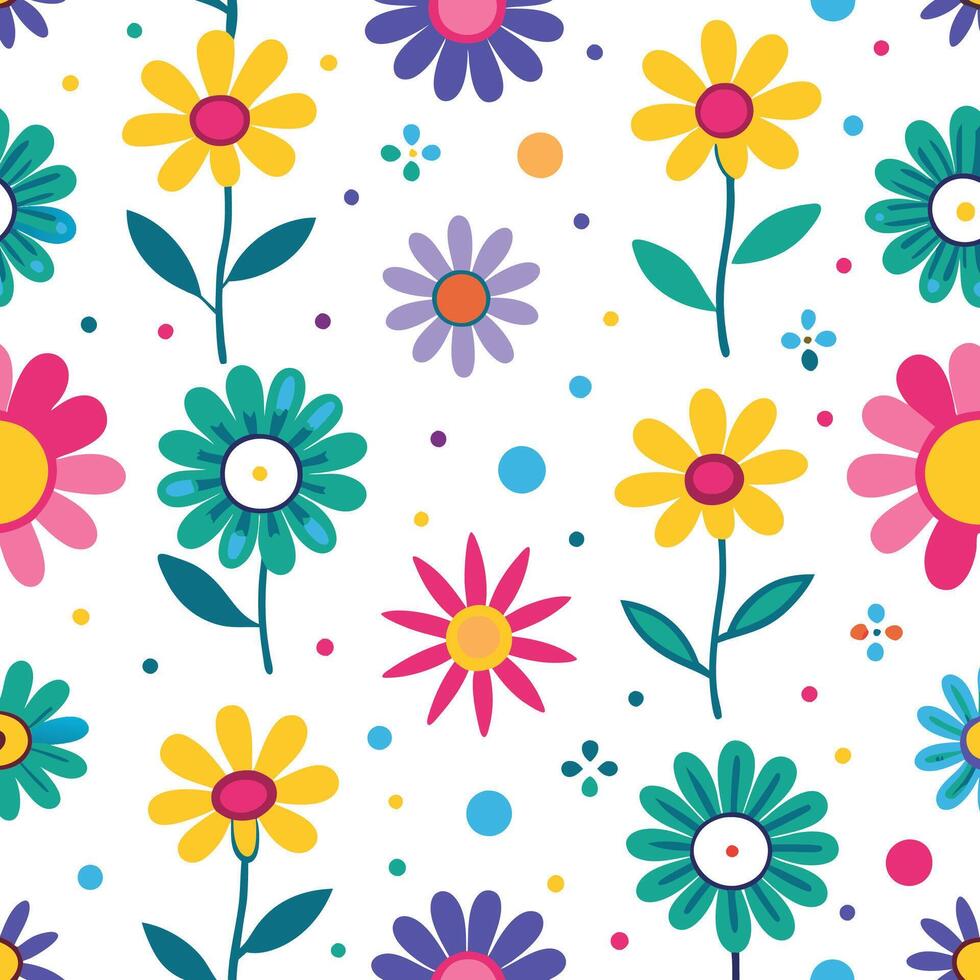 seamless pattern with colorful flowers and dots vector